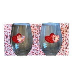 Valentines Day Jeweled HEARTS Stemless Wine Glasses Set of 2 Red & Pink New